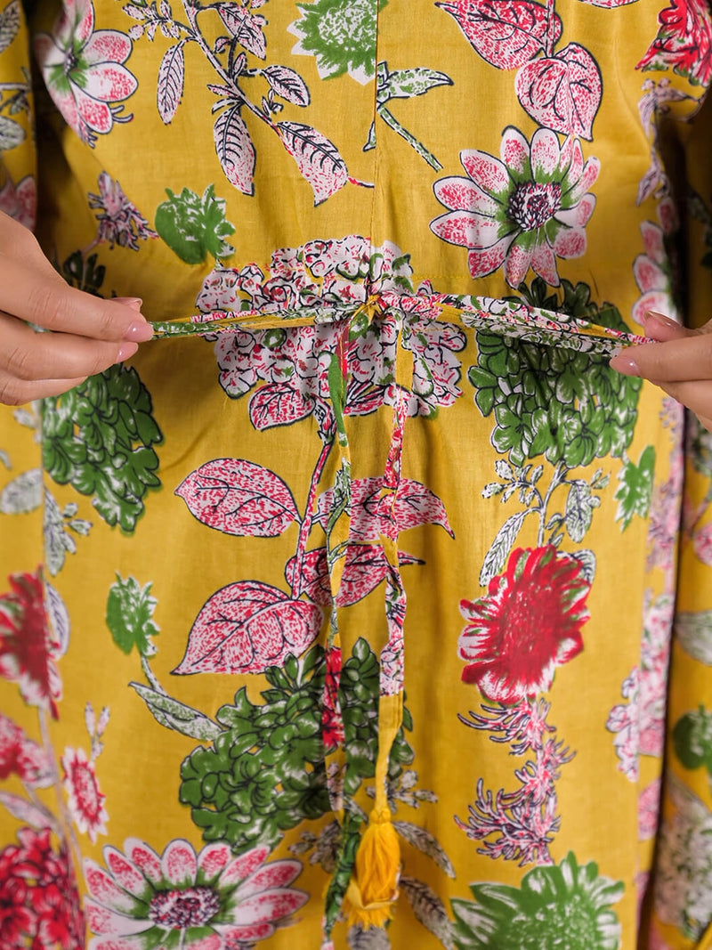mustard-multi-floral-printed-maternity feeding-friendly-kaftan-night-suit