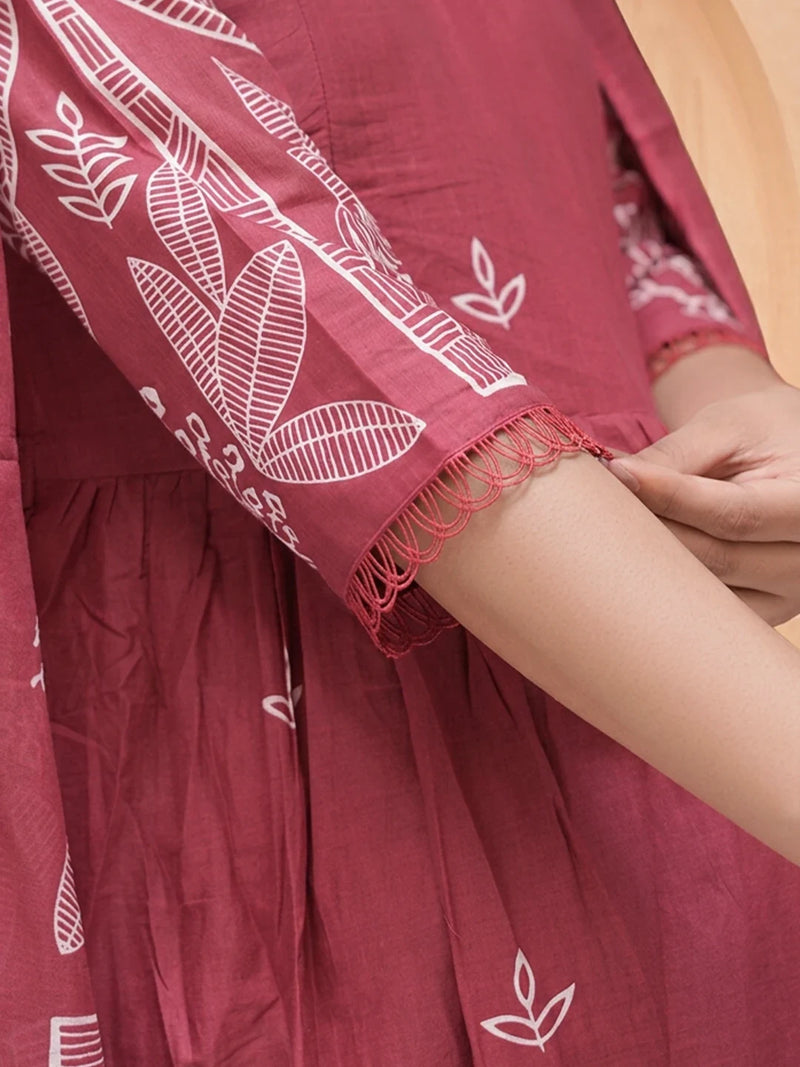 Fuchsia White Printed Maternity & Feeding Kurta Suit With Dupatta