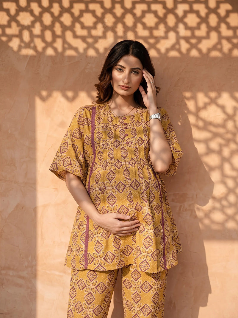 Mustard Printed Cotton Maternity Feeding-Friendly Night Suit