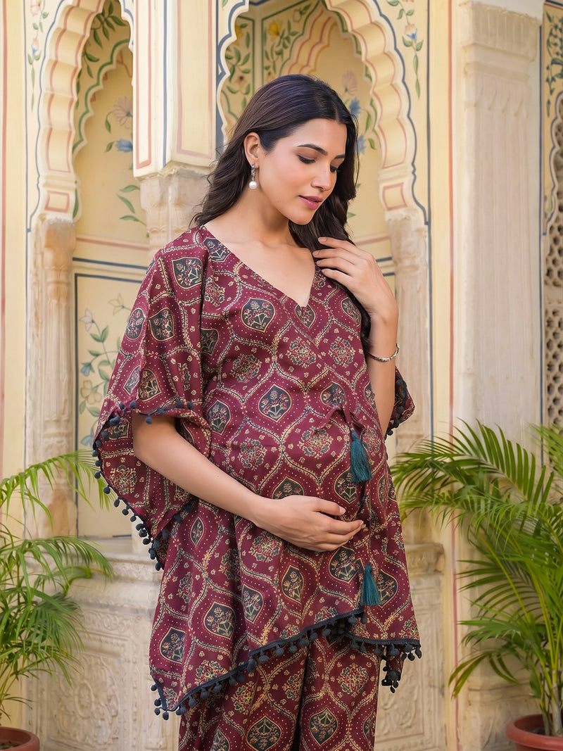 Maroon Grey Ethnic Printed Maternity Feeding Kaftan Night Suit