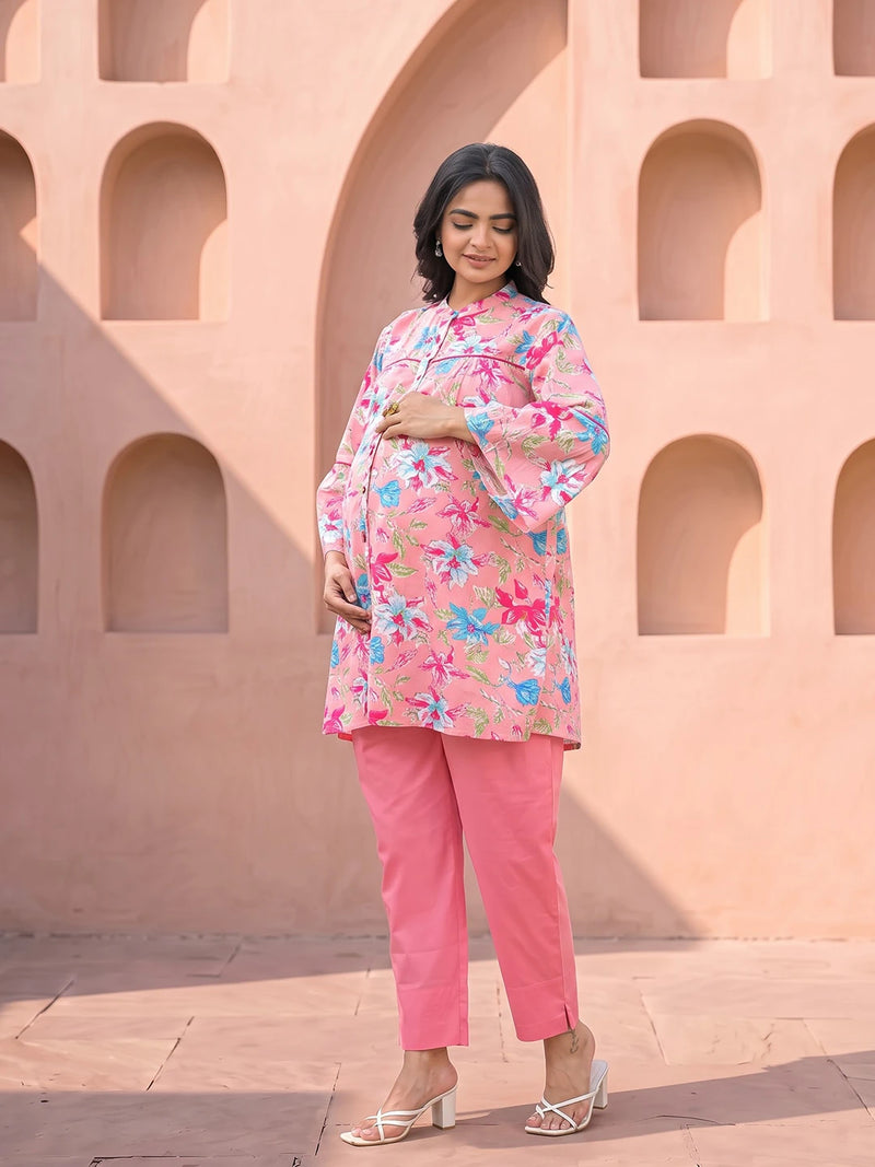 Pink Multi Floral Print Cotton Maternity Feeding-Friendly Top