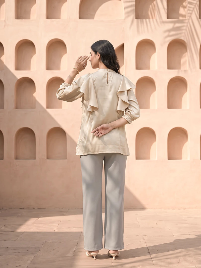 Beige Jewell Neck Ruffled Maternity & Feeding Top with Concealed Zipper