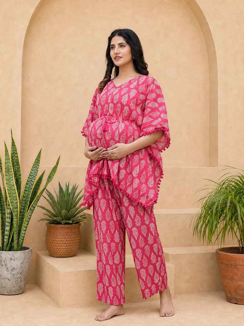 Fuchsia Ethnic Printed Maternity & Feeding Night Suit
