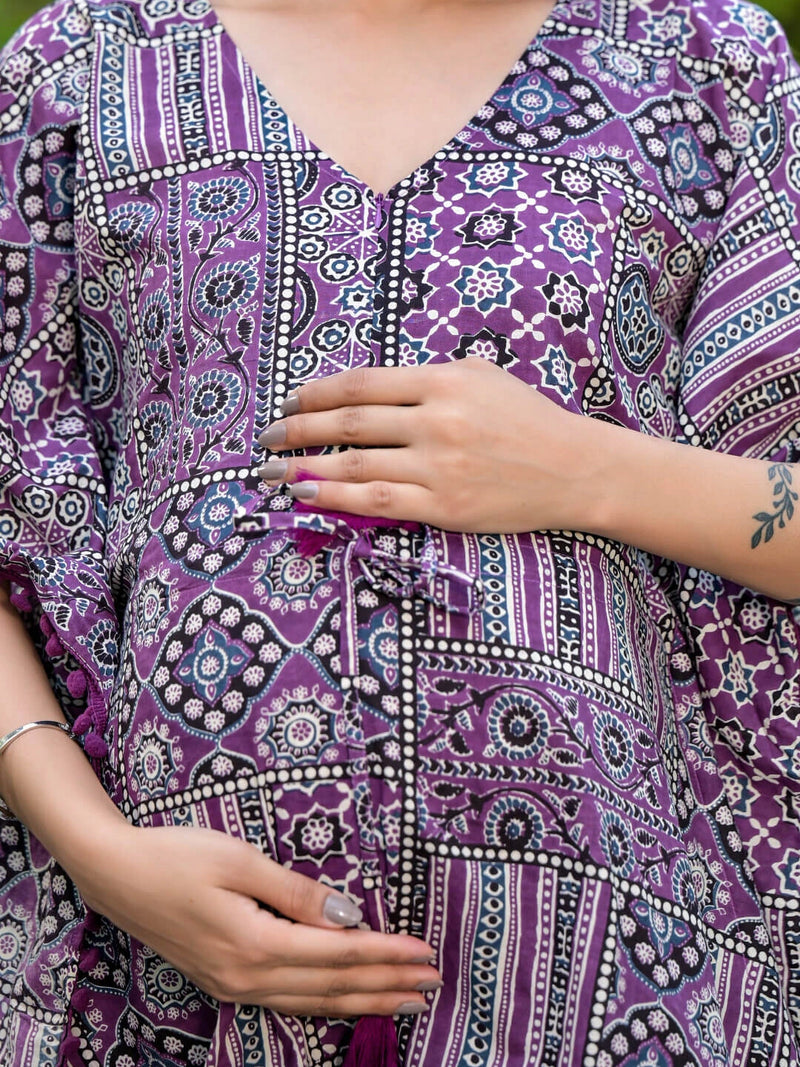 Purple Ethnic Print Maternity Feeding-Friendly Kaftan Night Suit with Concealed Zipper