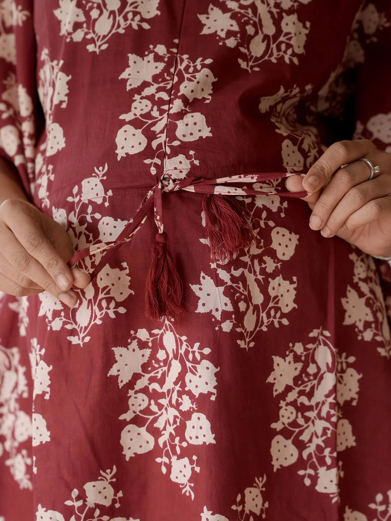 Maroon Printed Cotton Maternity Feeding-Friendly Kaftan Night Suit