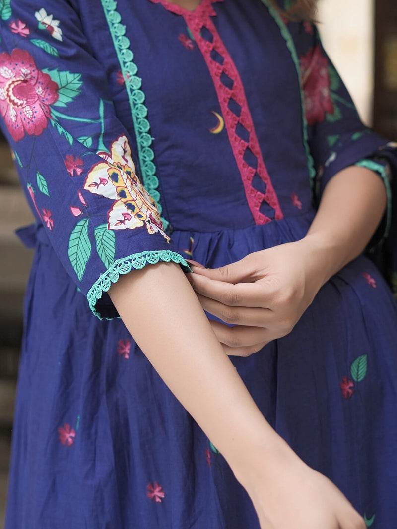 Royal Blue Floral Printed Maternity Feeding Kurta Set with Dupatta