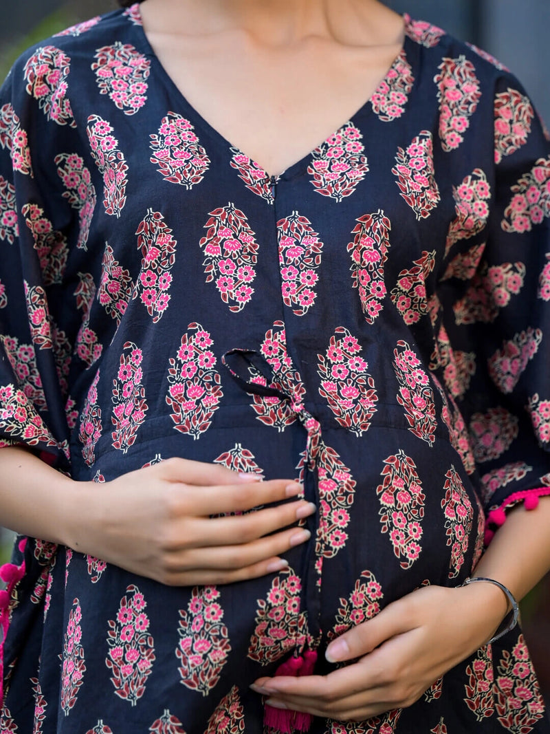 Black Fuchsia Ethnic Printed Maternity & Feeding Night Suit