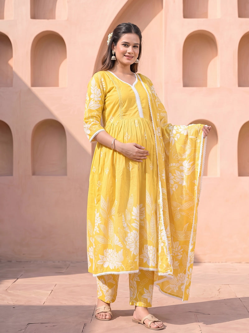 Yellow White Floral Print Cotton Maternity & Feeding-Friendly Flare Kurta Set with Dupatta