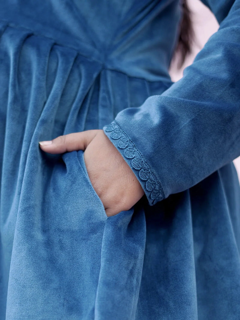 Teal Blue Velvet Maternity Feeding Night Suit