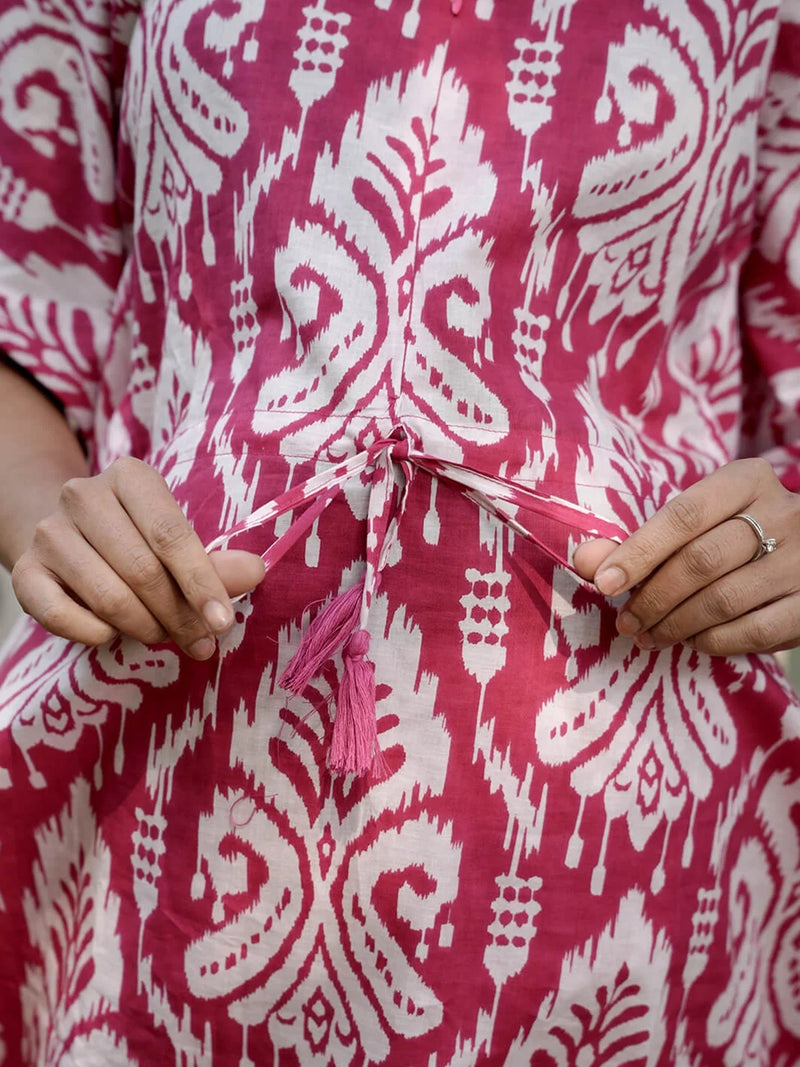Fuchsia Printed Cotton Maternity Feeding-Friendly Kaftan Night Suit
