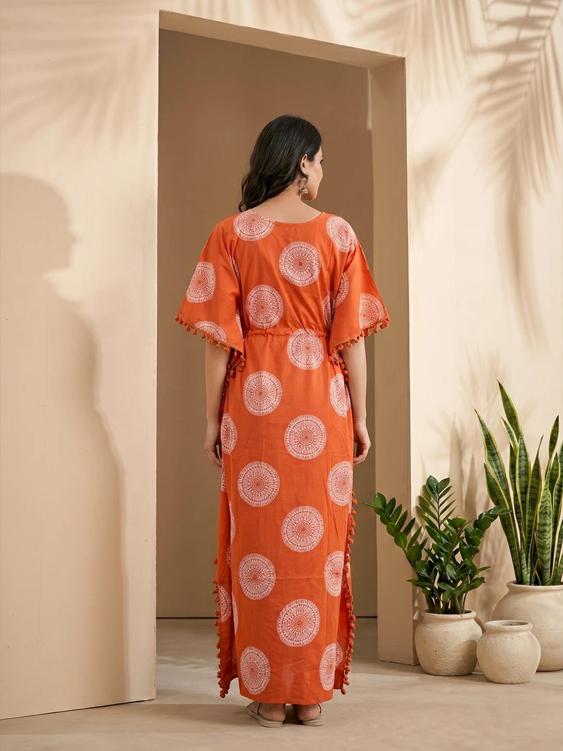 Orange Ethnic Print Maternity & Feeding Kaftan Dress