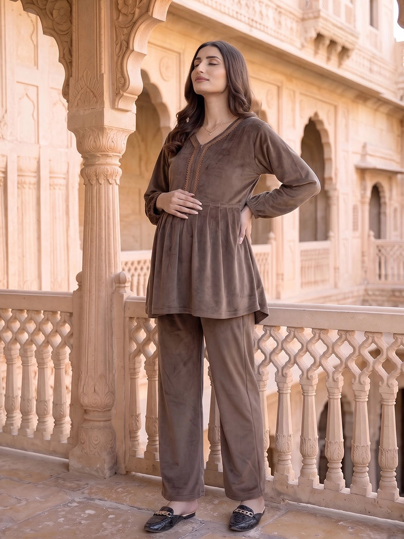 Taupe Velvet Maternity Feeding Night Suit