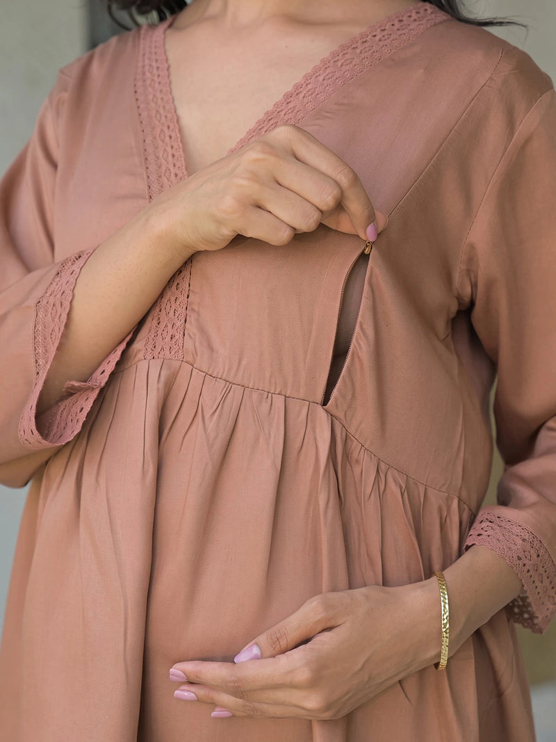 Taupe Lace Neck Maternity & Feeding Top with Concealed Zipper