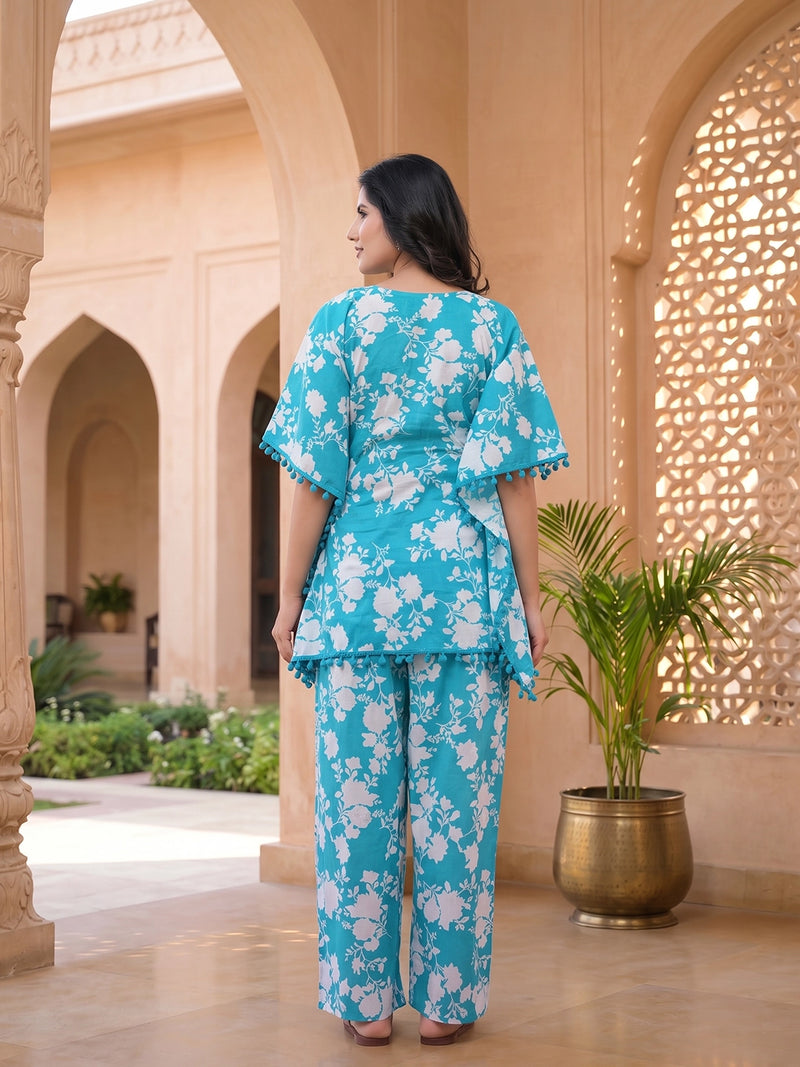turquoise-white-floral-print-maternity-feeding-friendly-kaftan-night-suit-with-concealed-zipper