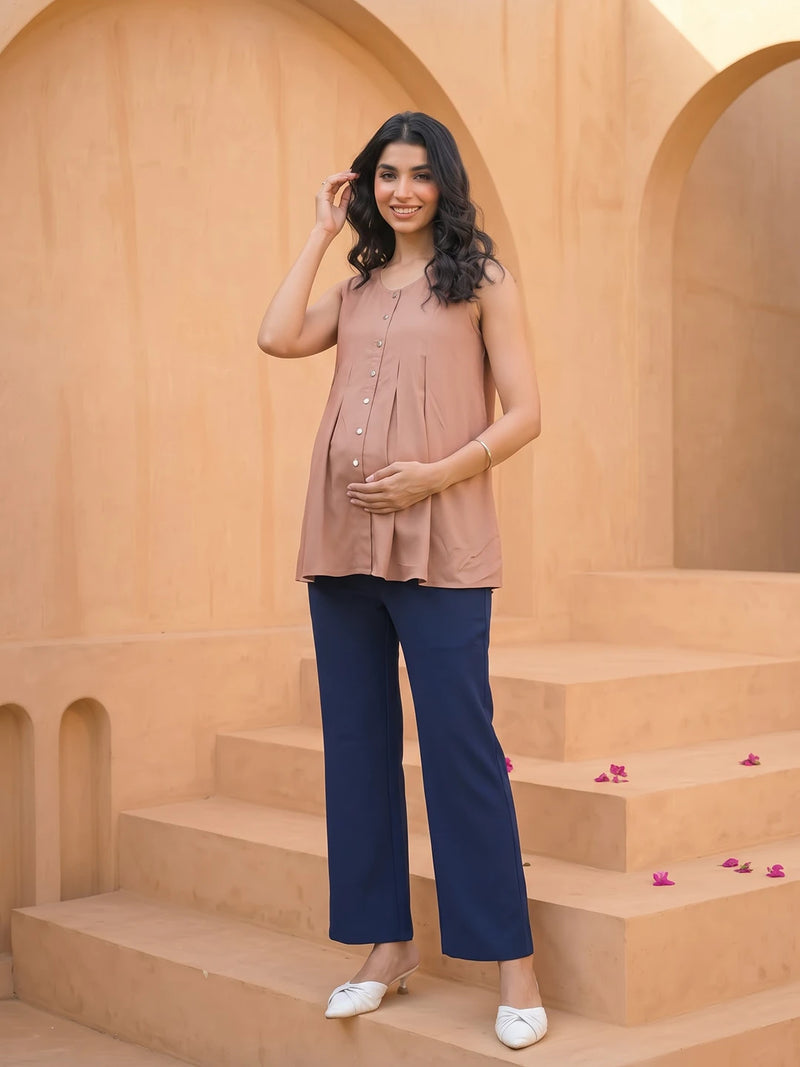 Taupe Green Pleated Maternity Feeding-Friendly Top