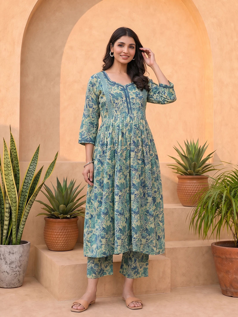 Teal Green Cotton Printed Maternity & Feeding Kurta Set with Dupatta