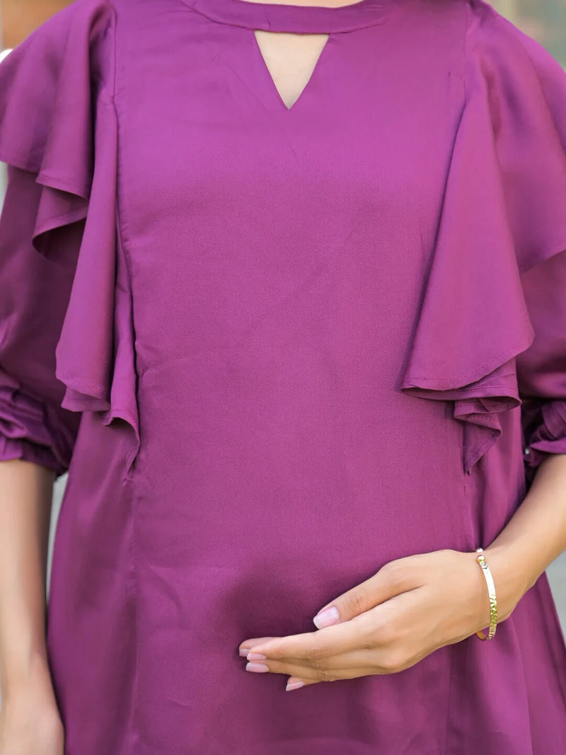 Plum Jewell Neck Ruffled Maternity & Feeding Top with Concealed Zipper