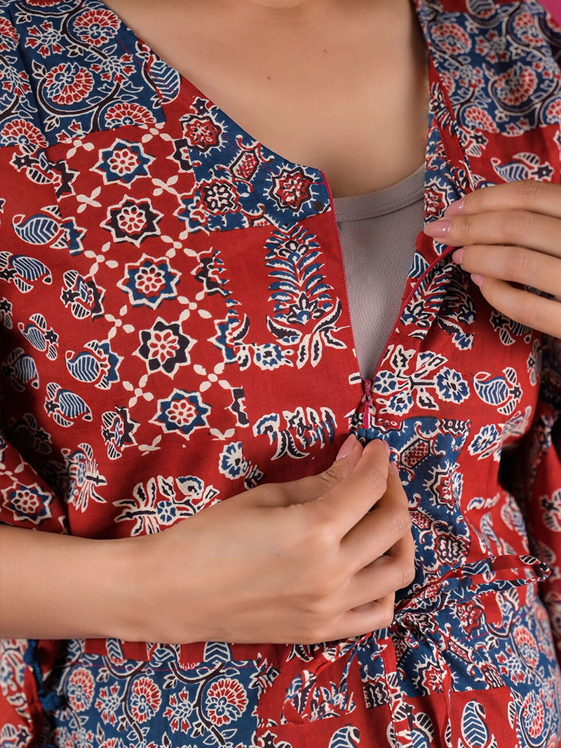 red-indigo-ethnic-print-maternity-feeding-friendly-kaftan-night-suit-with-concealed-zipper