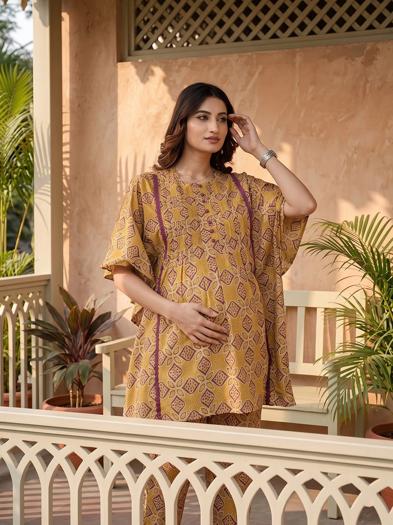 Mustard Printed Cotton Maternity Feeding-Friendly Night Suit