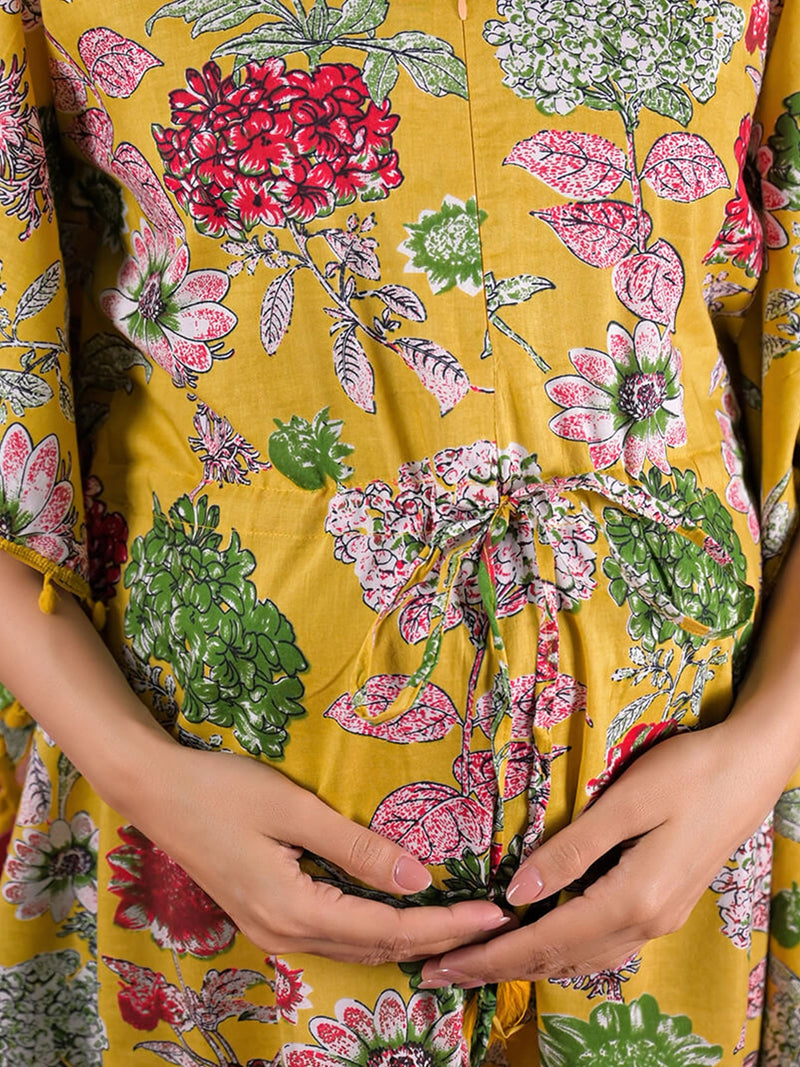mustard-multi-floral-printed-maternity feeding-friendly-kaftan-night-suit