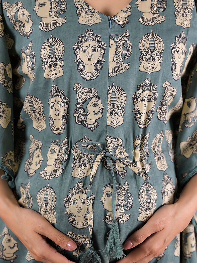 grey-ethnic-motifs-print-maternity feeding-friendly-kaftan-night-suit
