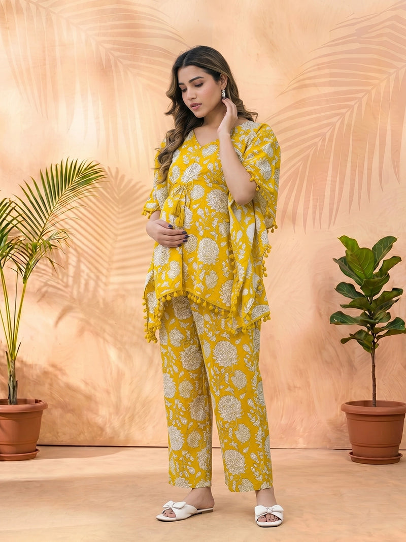 Mustard Floral Printed Maternity Feeding Kaftan Night Suit