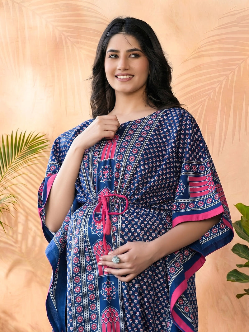 Indigo Multi Ethnic Motifs Printed Maternity Feeding Kaftan Dress