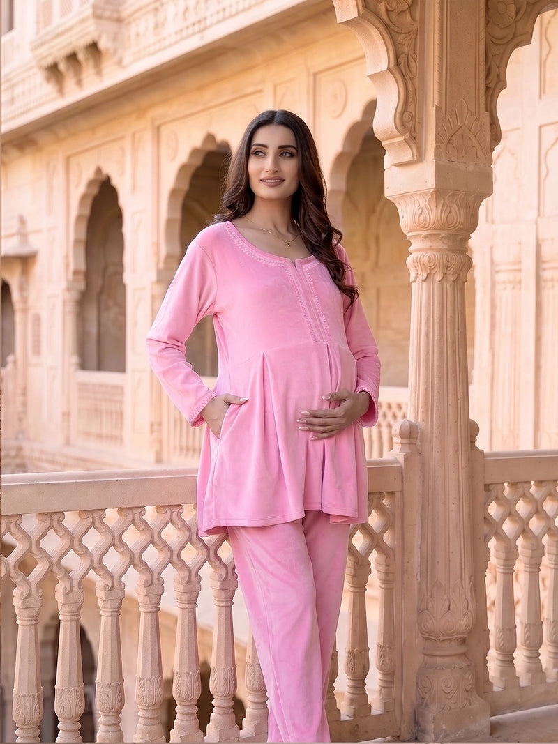 Pink Velvet Maternity Feeding Night Suit
