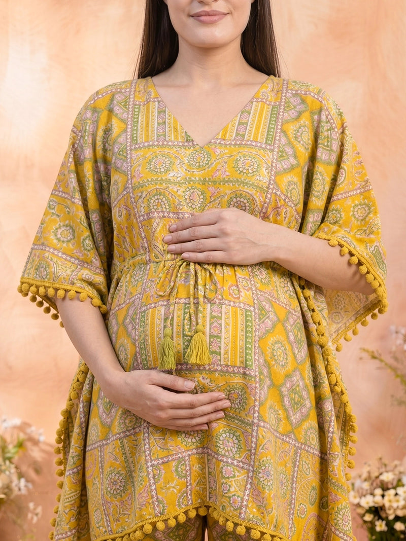 Mustard Geometric Print Maternity Feeding Kaftan Night Suit
