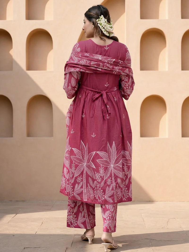 Fuchsia White Printed Maternity & Feeding Kurta Suit With Dupatta