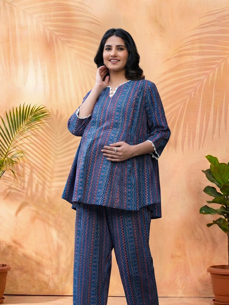 Indigo Multi Geometric Printed Cotton Maternity Feeding Night Suit