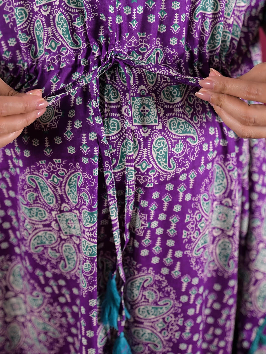 purple-green-ethnic-print-cotton maternity-feeding-friendly-kaftan-dress
