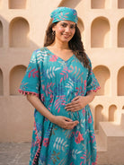 turquoise-multi-tropical-print-cotton-maternity-feeding-friendly-kaftan-dress
