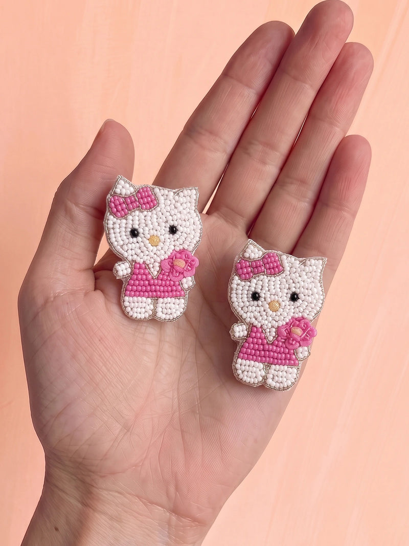 Cute Kitty Mom Handcrafted Beaded Statement Earrings – Pink