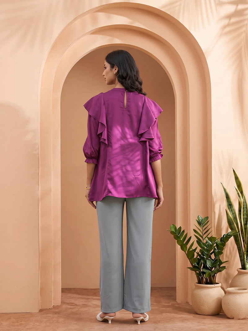 Plum Jewell Neck Ruffled Maternity & Feeding Top with Concealed Zipper