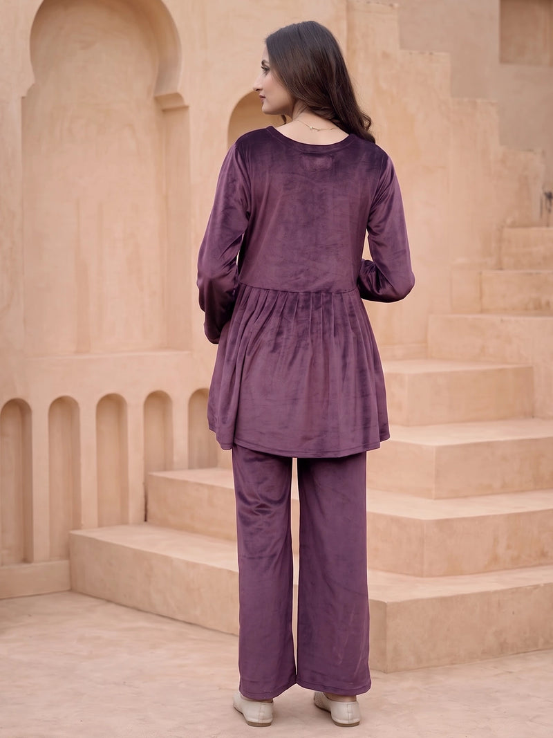 Plum Velvet Maternity Feeding Night Suit