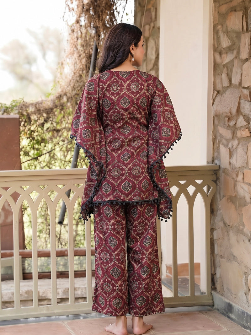 Maroon Grey Ethnic Printed Maternity Feeding Kaftan Night Suit