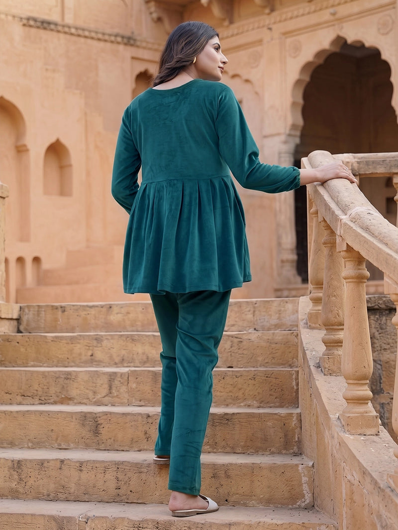 Dark Green Velvet Maternity Feeding Night Suit