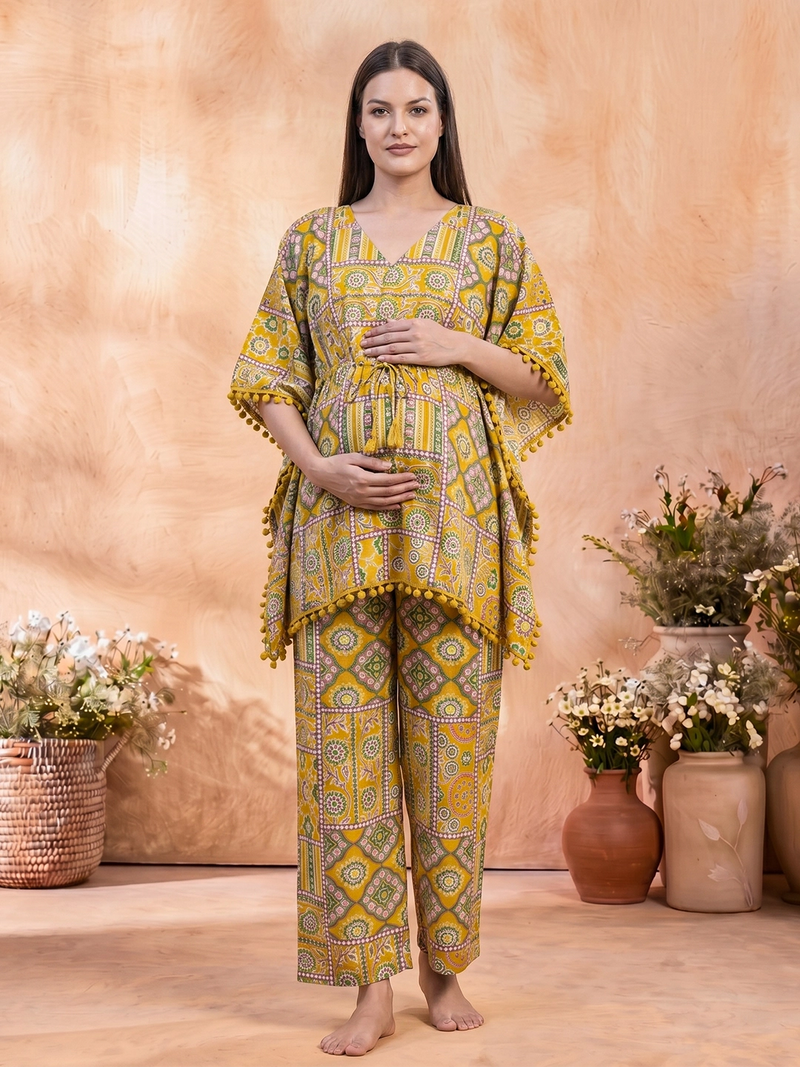 Mustard Geometric Print Maternity Feeding Kaftan Night Suit