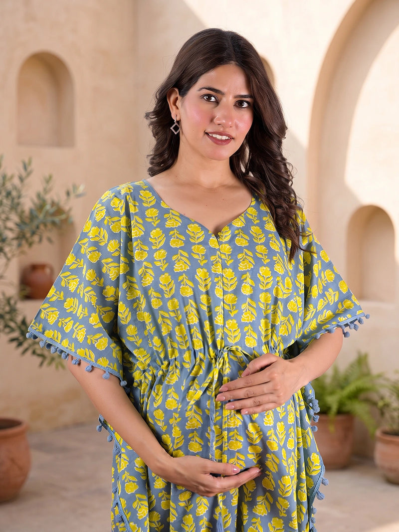 Grey Yellow Floral Print Cotton Maternity Feeding-Friendly Kaftan Dress