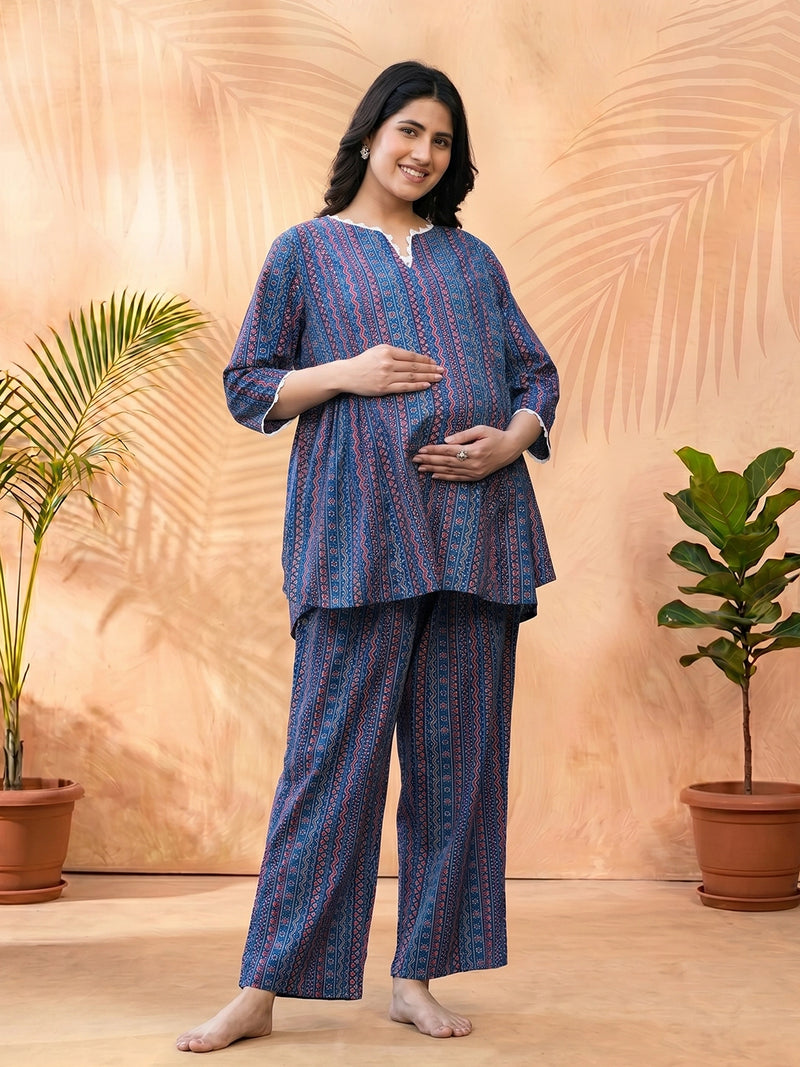 Indigo Multi Geometric Printed Cotton Maternity Feeding Night Suit