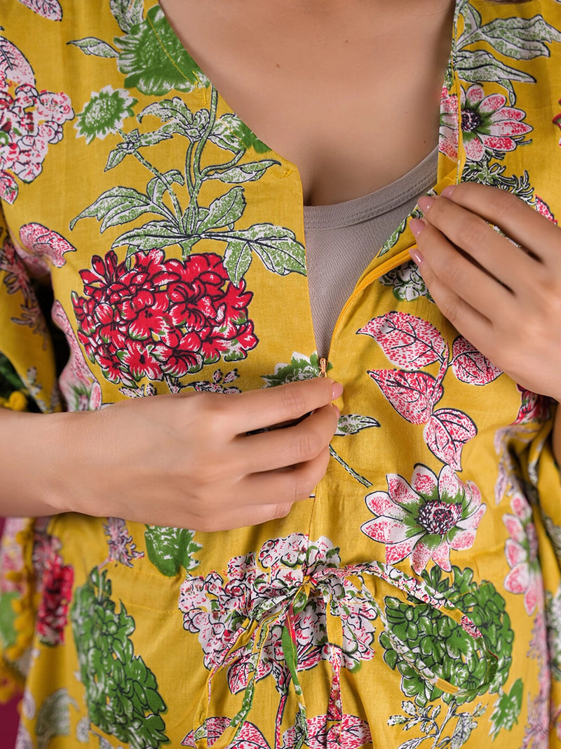 mustard-multi-floral-printed-maternity feeding-friendly-kaftan-night-suit