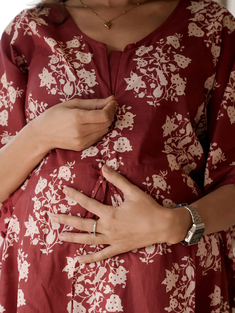 Maroon Printed Cotton Maternity Feeding-Friendly Kaftan Night Suit