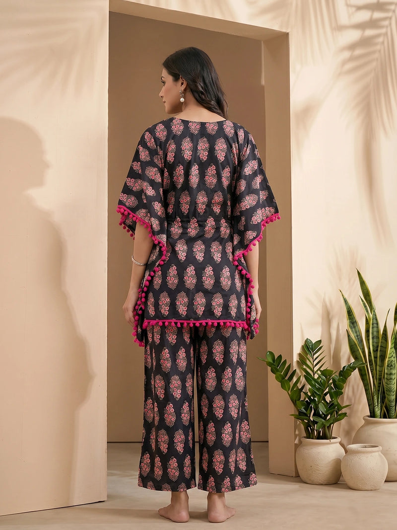 Black Fuchsia Ethnic Printed Maternity & Feeding Night Suit