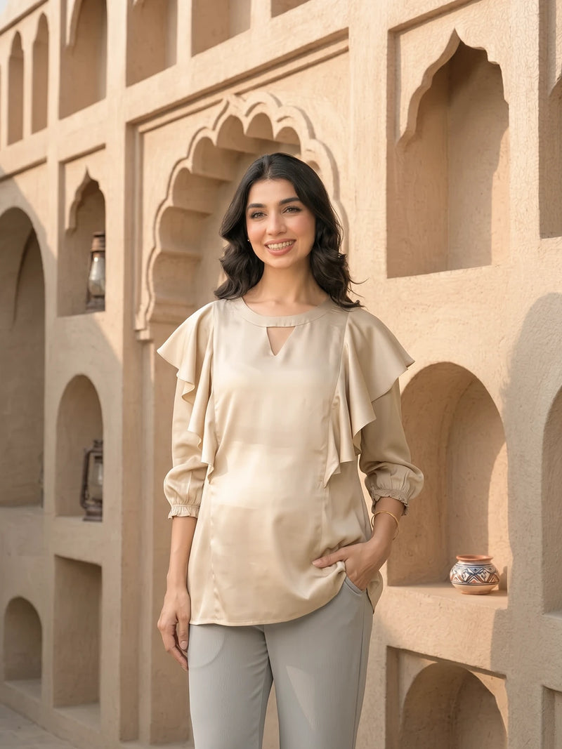 Beige Jewell Neck Ruffled Maternity & Feeding Top with Concealed Zipper
