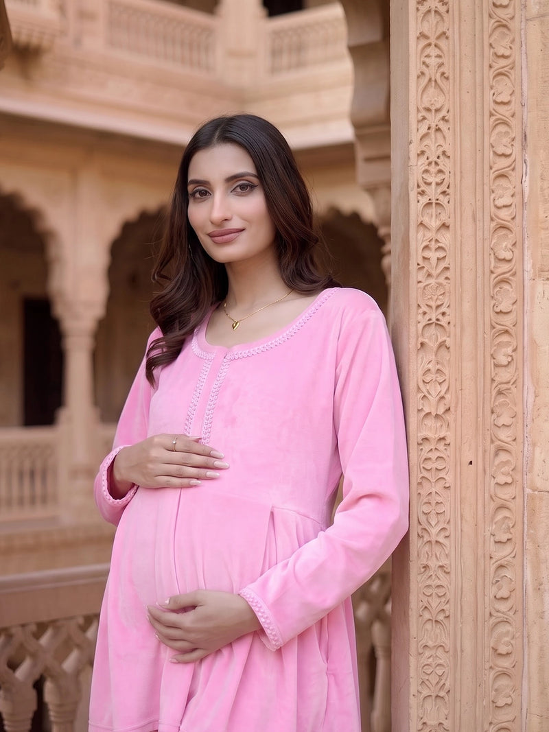 Pink Velvet Maternity Feeding Night Suit
