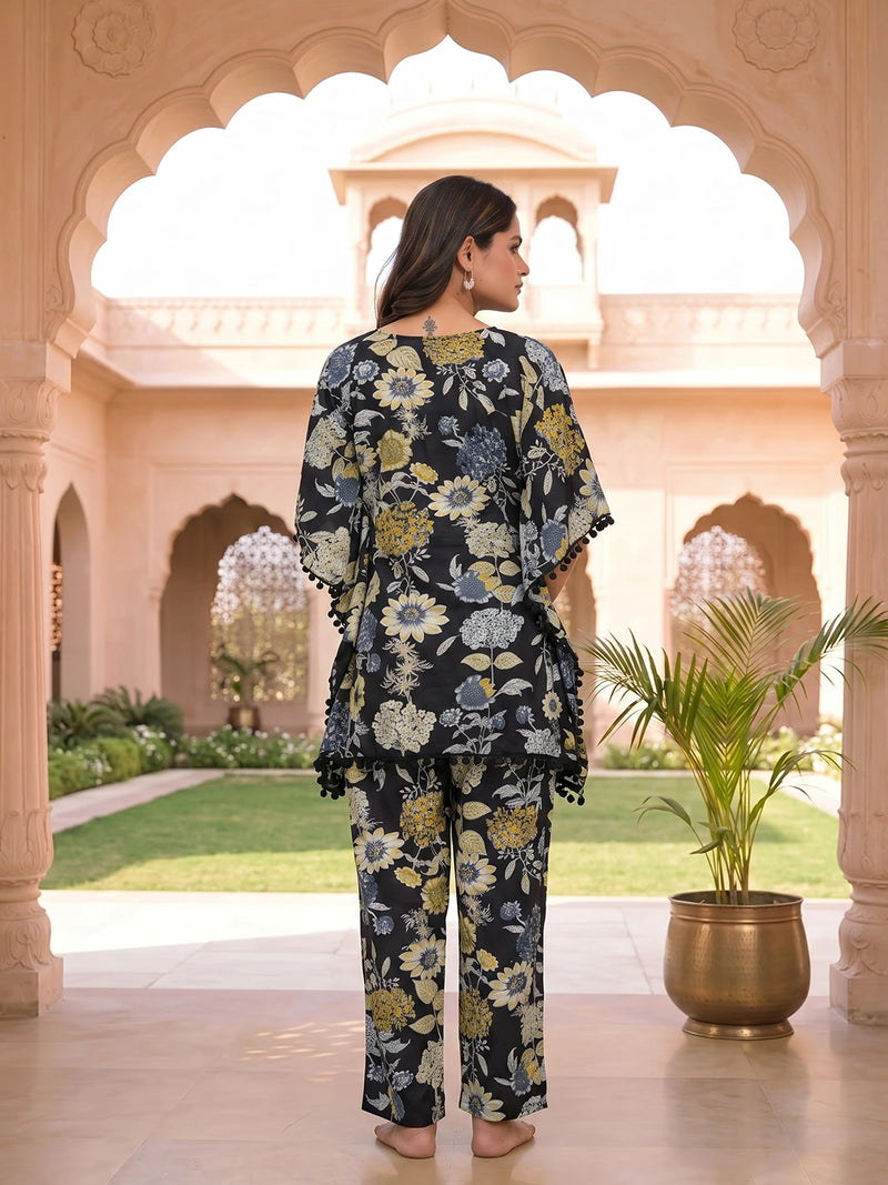 Black Floral Print Maternity Feeding-Friendly Kaftan Night Suit with Concealed Zipper