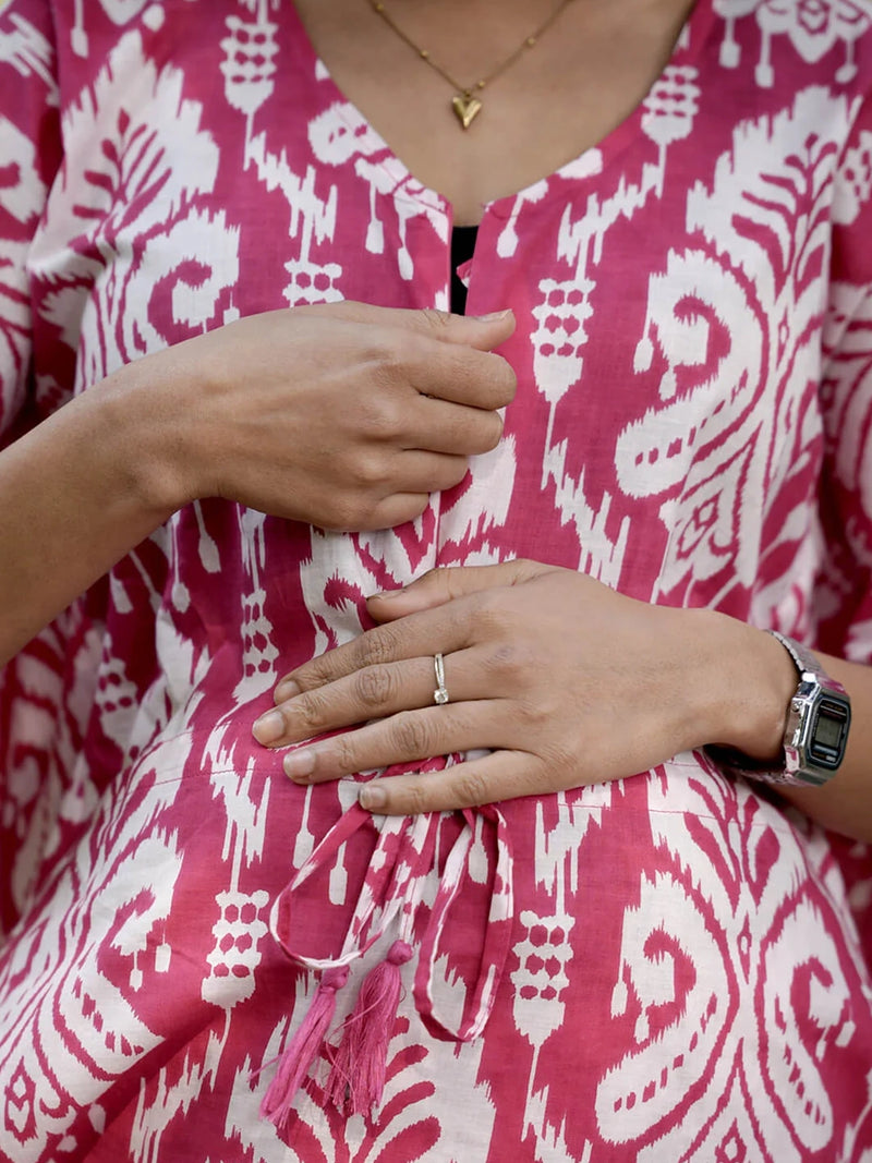 Fuchsia Printed Cotton Maternity Feeding-Friendly Kaftan Night Suit