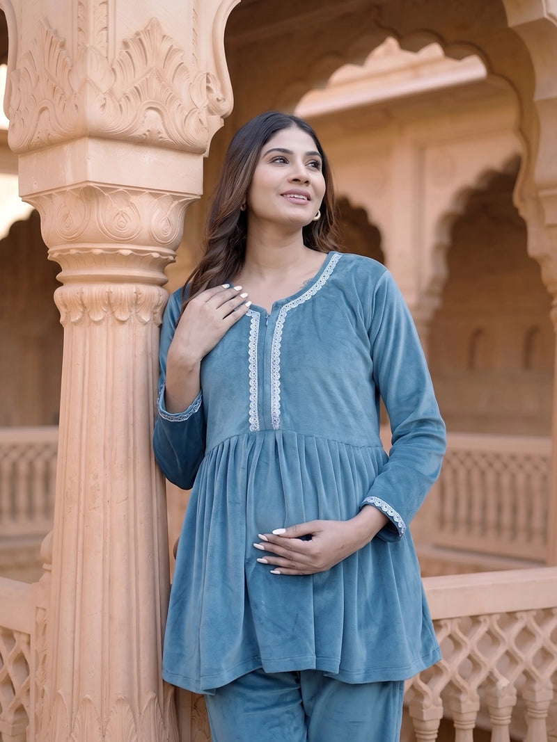 Teal Velvet Maternity Feeding Night Suit