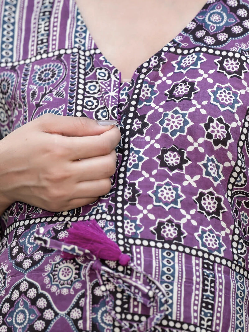 Purple Ethnic Print Maternity Feeding-Friendly Kaftan Night Suit with Concealed Zipper